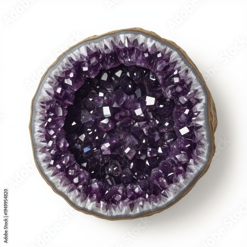 A mesmerizing cluster of amethyst geodes, showcasing deep purple crystalline structures and smooth white quartz edges. The surface reflects light beautifully, highlighting the natural facets. Generati