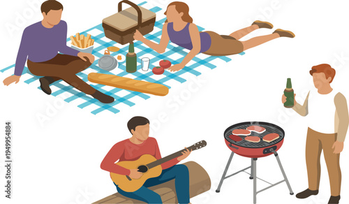 Picnic scene illustration of friends enjoying food and nature outdoors surrounded by greenery trees and relaxing social activities vector art