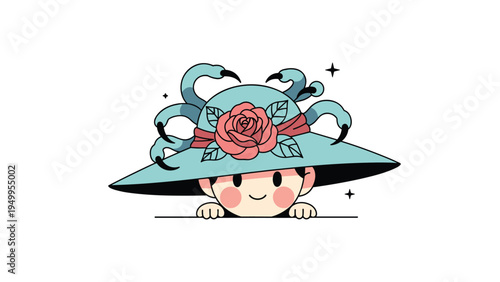 Small child peeking from behind a white ledge wearing a large blue sun hat decorated with a rose and green tentacles.