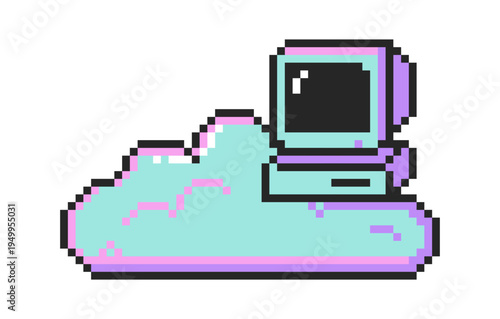 Pixel art retro computer in the sky with a cloud, cute abstract retro icon in kawaii game style
