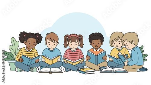 Group of six children of diverse ethnicities sitting in a row on the floor and focused on reading their own books.
