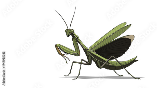 Detailed scientific illustration of a green praying mantis insect showing its distinctive posture and wing structure.