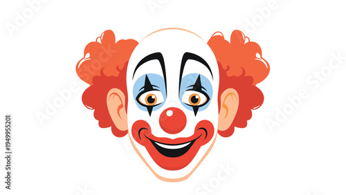 Brightly colored clown face with orange hair, a red nose, and blue eye makeup presents a classic circus performer look.