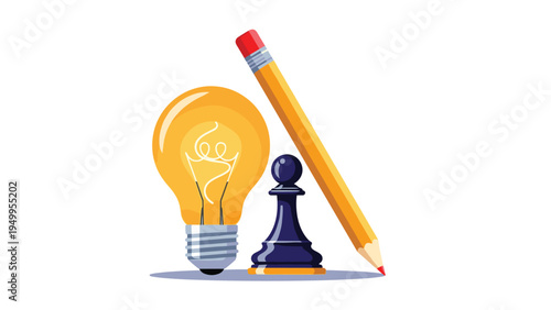 Composition of a glowing light bulb, a blue chess pawn, and a pencil represents creative thinking and strategic planning.