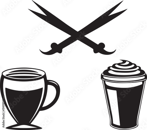Crossed scimitar swords and coffee beverage icons collection in black silhouette style set