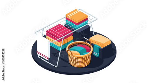 Organized laundry scene features folded colorful towels on a drying rack and a basket full of clothes in an isometric view.
