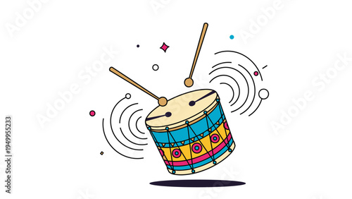 Vibrant traditional drum with decorative patterns and drumsticks creates musical rhythm waves against a white backdrop.