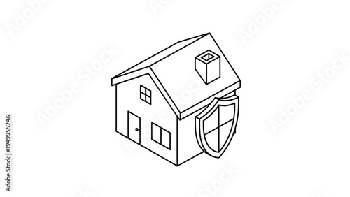 Isometric house illustration featuring a protective shield on its side representing home security or property insurance.