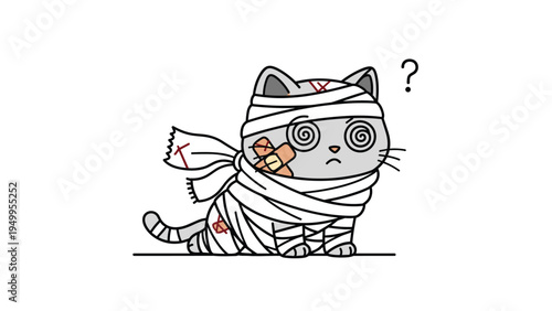 Poor little cartoon cat is completely covered in white bandages with red crosses, looking dizzy and confused.