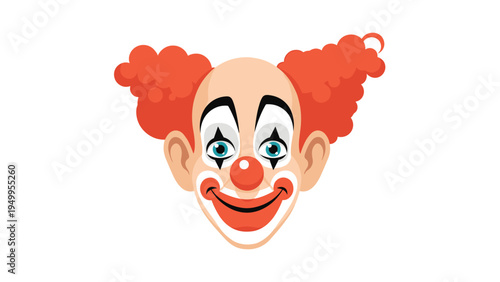 Colorful illustration of a classic circus clown face with red curly hair a big smile and painted star eye makeup.