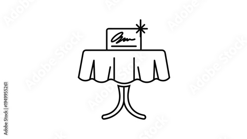 Minimalist black line drawing shows a round table covered with a white tablecloth and a small place card on top.