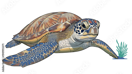 Realistic illustration of a green sea turtle swimming calmly across a white background with a small cluster of seagrass.