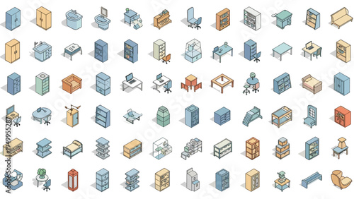 Extensive set of isometric furniture icons features desks, chairs, cabinets, and office equipment for interior design and planning projects.