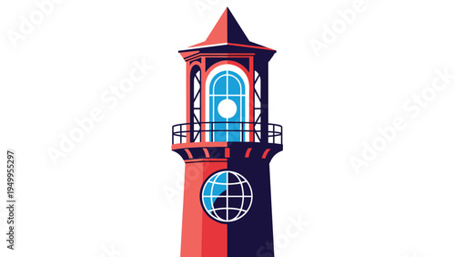 Tall red lighthouse with a globe emblem at the base stands as a symbol of guidance and global navigation in a bold graphic style.
