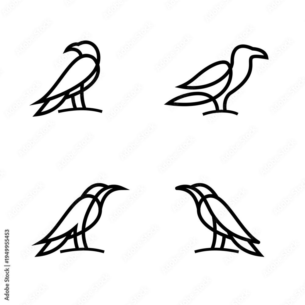 Obraz premium Set of Minimalist Bird Line Art Logos and Icons, Abstract Stylized Eagle and Raven Silhouettes on White Background