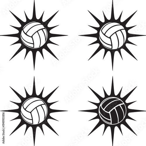 Bild auf Leinwand Volleyball ball with sunburst rays black vector icon set on transparent backgrou
