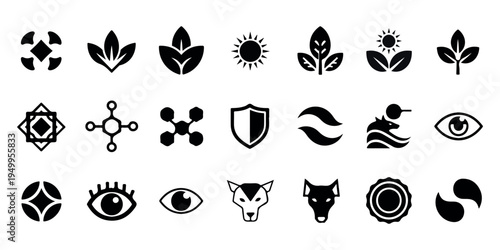 Black and white vector set of floral icons with flowers leaves butterflies and ornamental nature elements in simple silhouette style