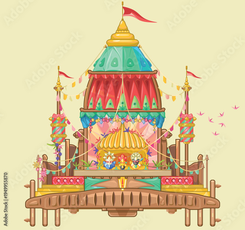 Ratha Yatra festival. Puri, Odisha, India. Lord Jagannath, Balabhadra and Subhadra in rameaning chariot. They ride on a chariot with a dome. Vector illustration