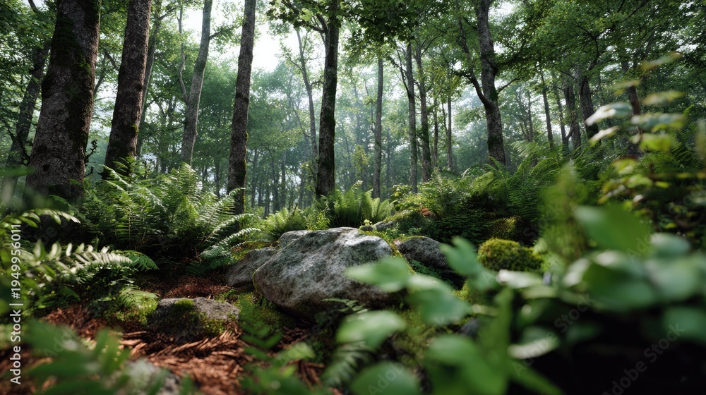 Fototapeta premium Forest Tranquility: Capturing the lush heart of the forest. The forest, a symphony of green and earth tones, breathes with life. The sunlight filtering through the canopy dances on the forest floor.