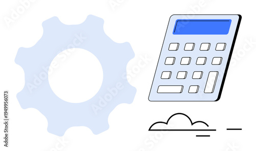 Business tools, technology, cloud computing, data analysis, digital solutions, and productivity. Gear icon next to calculator and cloud shape. Technology and data analysis concepts