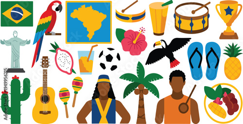 Travel to Brazil sticker set featuring culture, landmarks, nature, carnival, soccer, tropical paradise, animals, beach, and festive celebration in cartoon style