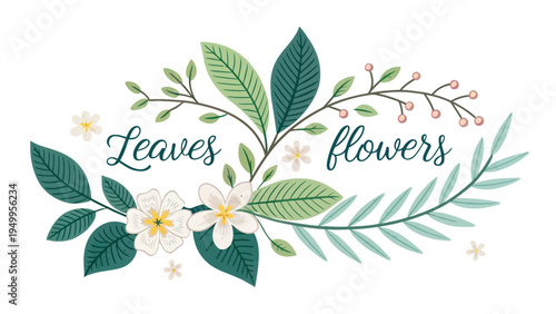 Vector illustration of leaves and simple flowers paired with elegant text on white background for design projects