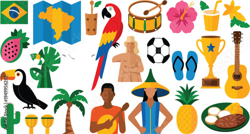 Travel to Brazil sticker set featuring culture, landmarks, nature, carnival, soccer, tropical paradise, animals, beach, and festive celebration in cartoon style