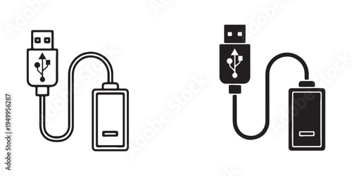 Black and white line icons of usb cables and connectors
