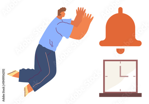 Time management, urgency, productivity, deadlines, reminders, stress management. A man responding to an alarm bell next to a clock. Urgency and time management concepts