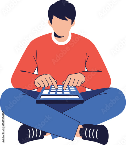 Focused young man sitting cross-legged, diligently calculating with a digital device, symbolizing financial planning, data analysis, academic study, and precise problem-solving