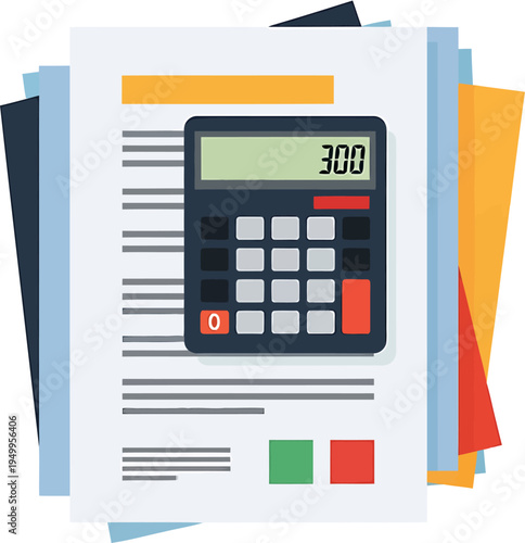 Calculator on top of papers and documents, symbolizing calculation and financial analysis for business and accounting needs