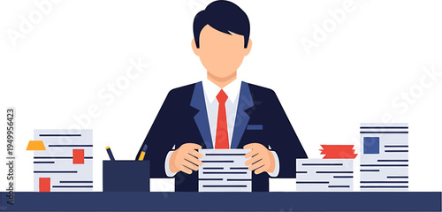 A businessman sits behind a desk overloaded with stacks of documents, representing a heavy workload and administrative tasks