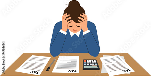 Frustrated woman stressed out by taxes and finances, sitting at a desk with papers and calculator