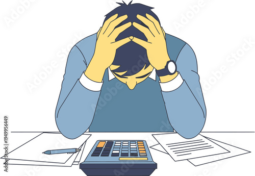 Man facing intense financial stress and overwhelming debt, head in hands at a desk with calculator and bills, showing emotional burden of economic hardship