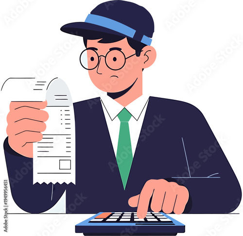 Man wearing glasses and a cap calculating expenses on a calculator while holding a bill and looking concerned