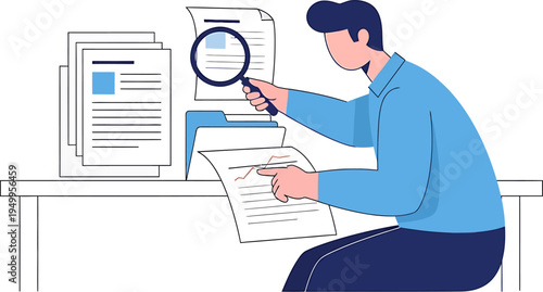 Professional diligently analyzing business documents with a magnifying glass, performing data research and information processing for comprehensive review and organization