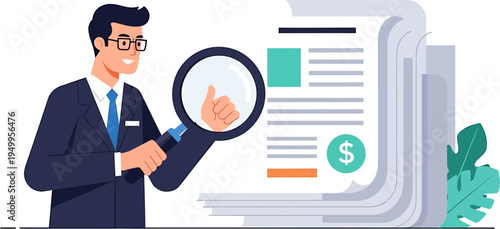 Business professional examining financial document with magnifying glass, giving a thumbs up for positive results