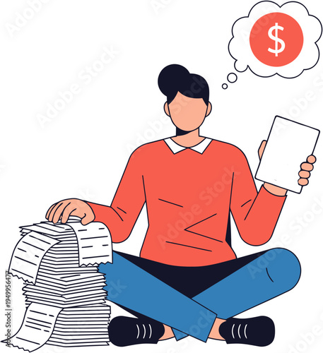 A person sitting with a large stack of receipts and thinking about money, illustrating financial management and budgeting concepts