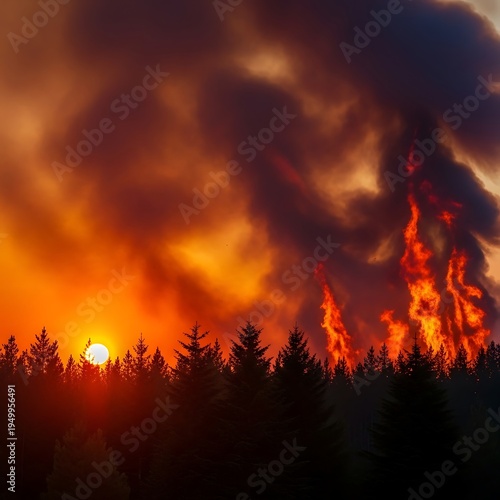 Intense forest wildfire rages against a vibrant sunset backdrop above silhouetted pine trees