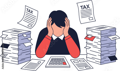 An individual deeply stressed and overwhelmed by the immense burden of tax season paperwork, financial obligations, and complex accounting calculations