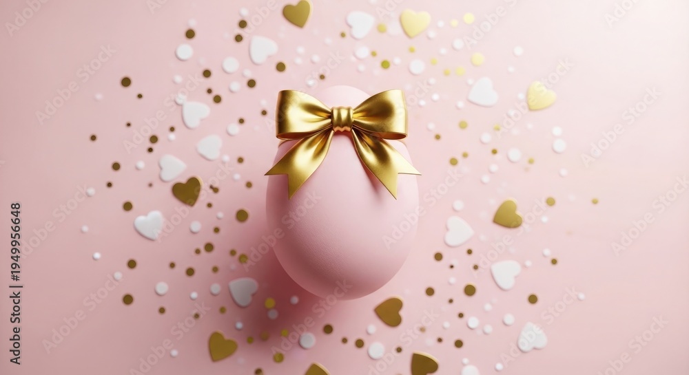 Fototapeta premium Pink easter egg with gold bow and confetti on pastel background