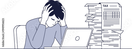 An overwhelmed individual dealing with an immense pile of tax papers and financial stress, facing the pressure of managing personal or business finances and compliance