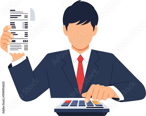 Businessman calculating expenses and managing financial records with a calculator and receipts. Illustration for budgeting, accounting, and tax preparation concepts