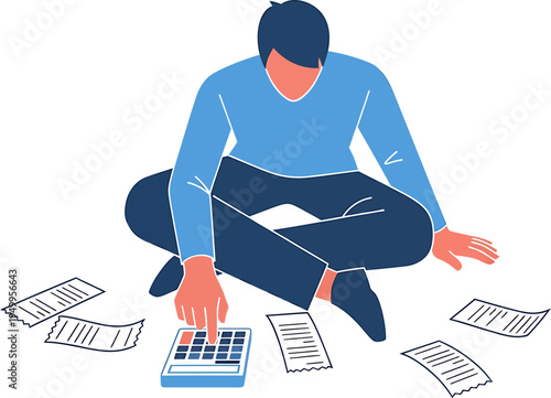 Young adult sitting on floor surrounded by bills and receipts, calculating finances with a calculator