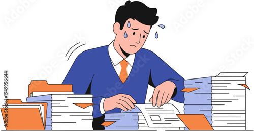 Stressed businessman overwhelmed by large stacks of documents and paperwork, illustrating workload and deadline pressure