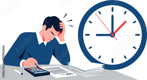 Overwhelmed professional grappling with financial calculations and mounting paperwork under immense time pressure, symbolizing work-related stress and tight deadlines