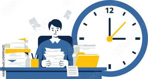 Overworked Employee Facing Mountain of Paperwork and Looming Deadlines, Feeling Stressed and Pressured at the Office Desk in a Corporate Environment