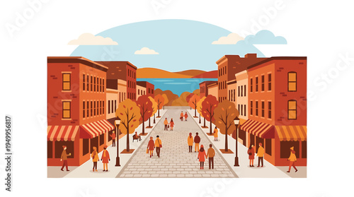 People walk down a lively city street with buildings and trees