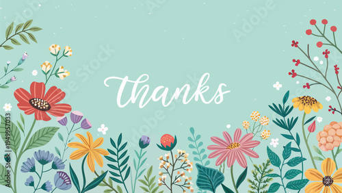 Colorful garden flowers surround modern script thanks on light blue background with vibrant floral border