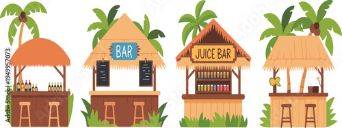 Colorful tropical style beach bars and juice stands illustration featuring playful summer vibes cocktails fruit drinks and seaside fun